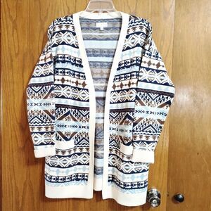 Lucky Brand Women's Medium Cardigan Sweater Open Front Aztec Long Line Pockets
